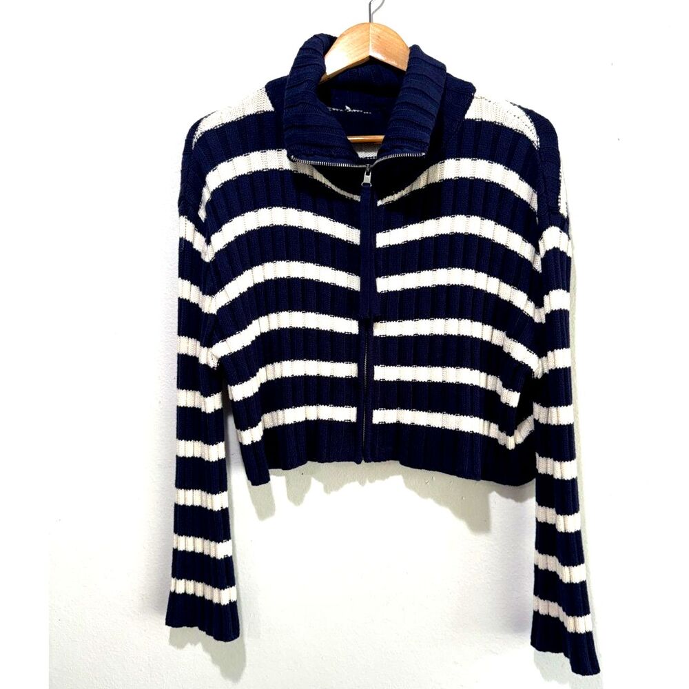 Cotton blend cropped sweater coastal nautical french blue stripes women M